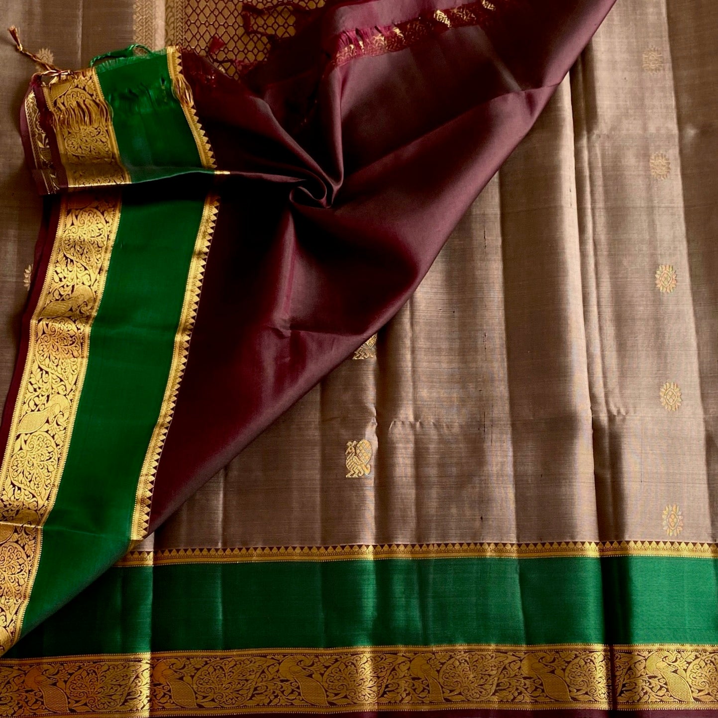 Taupe Designer Pure Silk Saree With Emerald Green And Deep Maroon Pallu