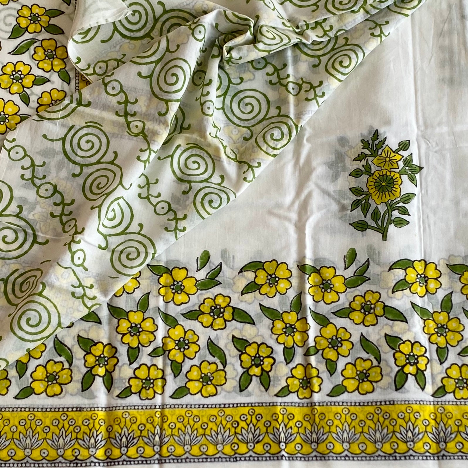 Off White Soft Tussar Silk Saree With Lemon Yellow Floral Border