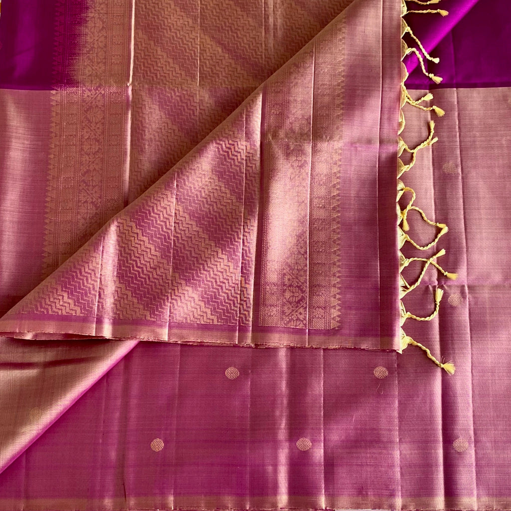 Magenta Gold Designer Pure Silk Saree With Purple Pallu