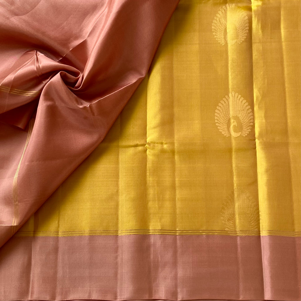 Dusky Dreamy Mustard with Rose gold designer handloom lightweight pure silk