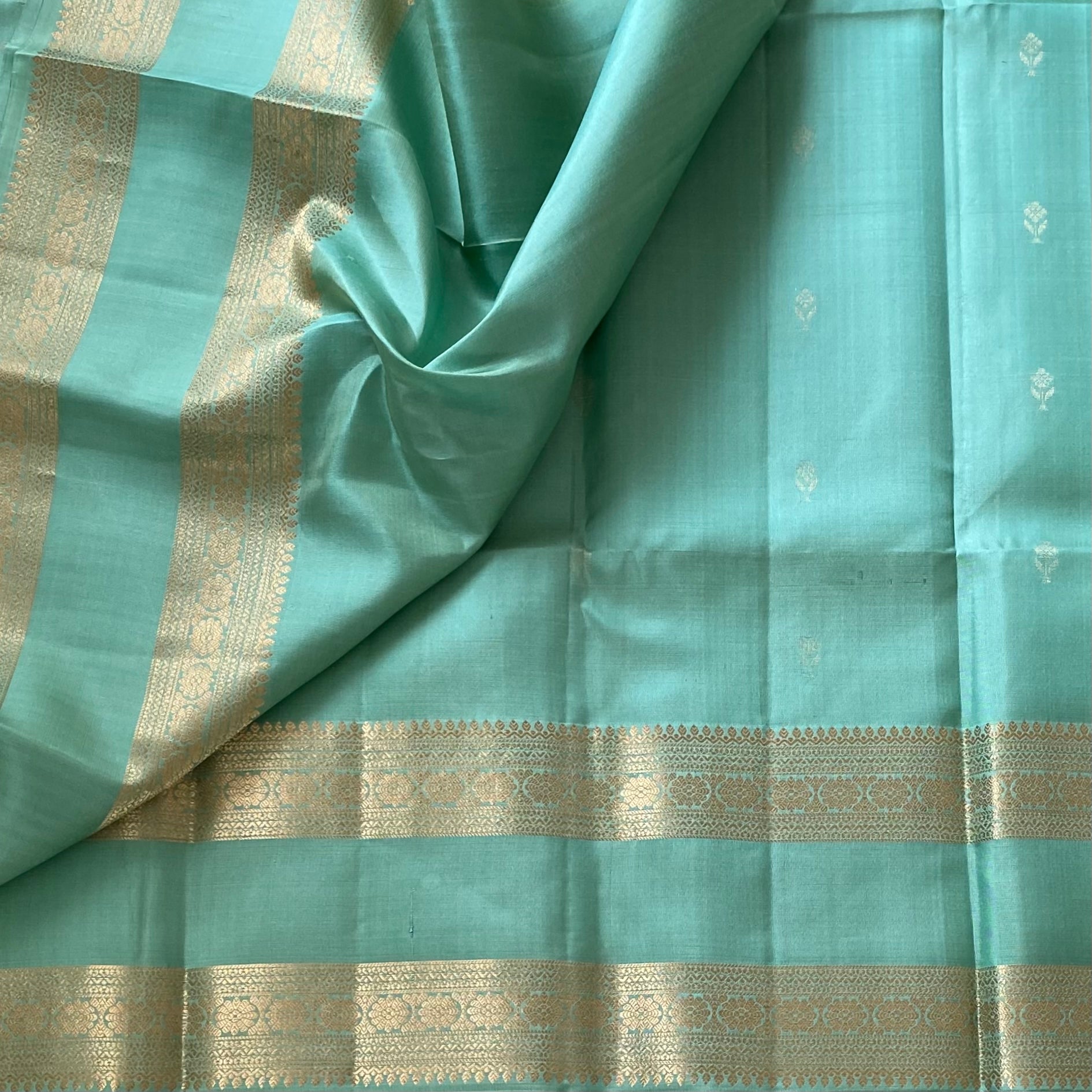 Pistachio Green Designer Pure Silk Saree Antique Gold Brocade Border