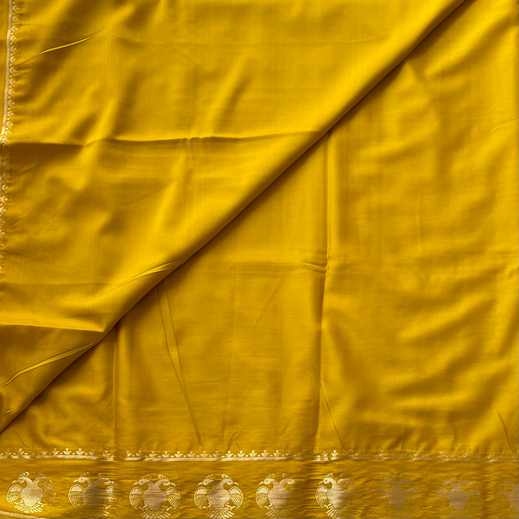 Mustard Yellow Silk Saree Golden Border Round Motif Festive Wear