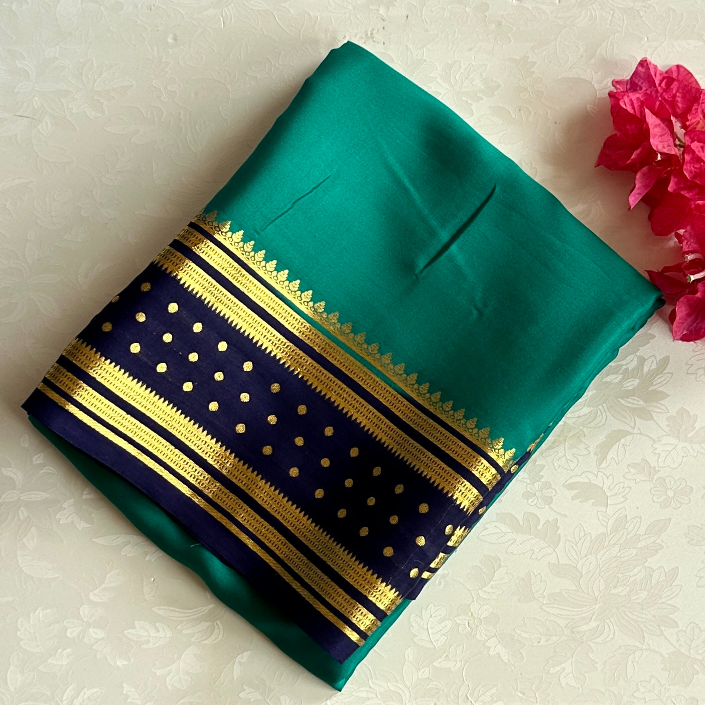 Royal Rare Teal with Midnight Navy butta border pure Mysore silk