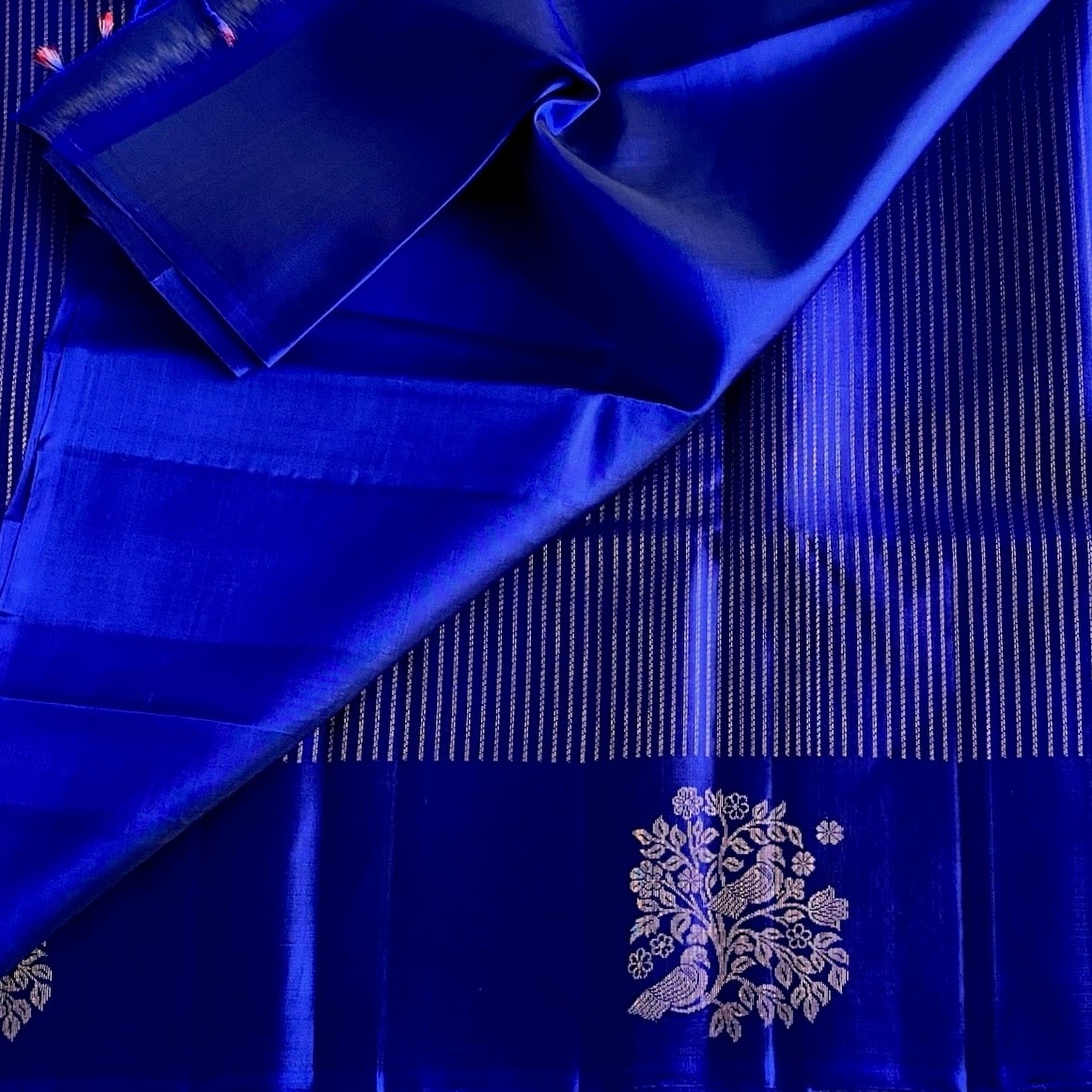 Royal Blue Designer Pure Silk Saree With Gold Pallu And Chevron Border