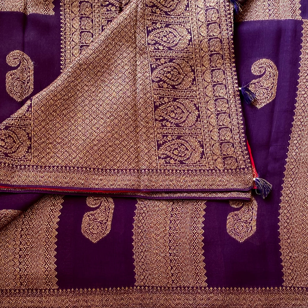 Plum Purple Soft Jute Tussar with Antique Gold Brocade Work