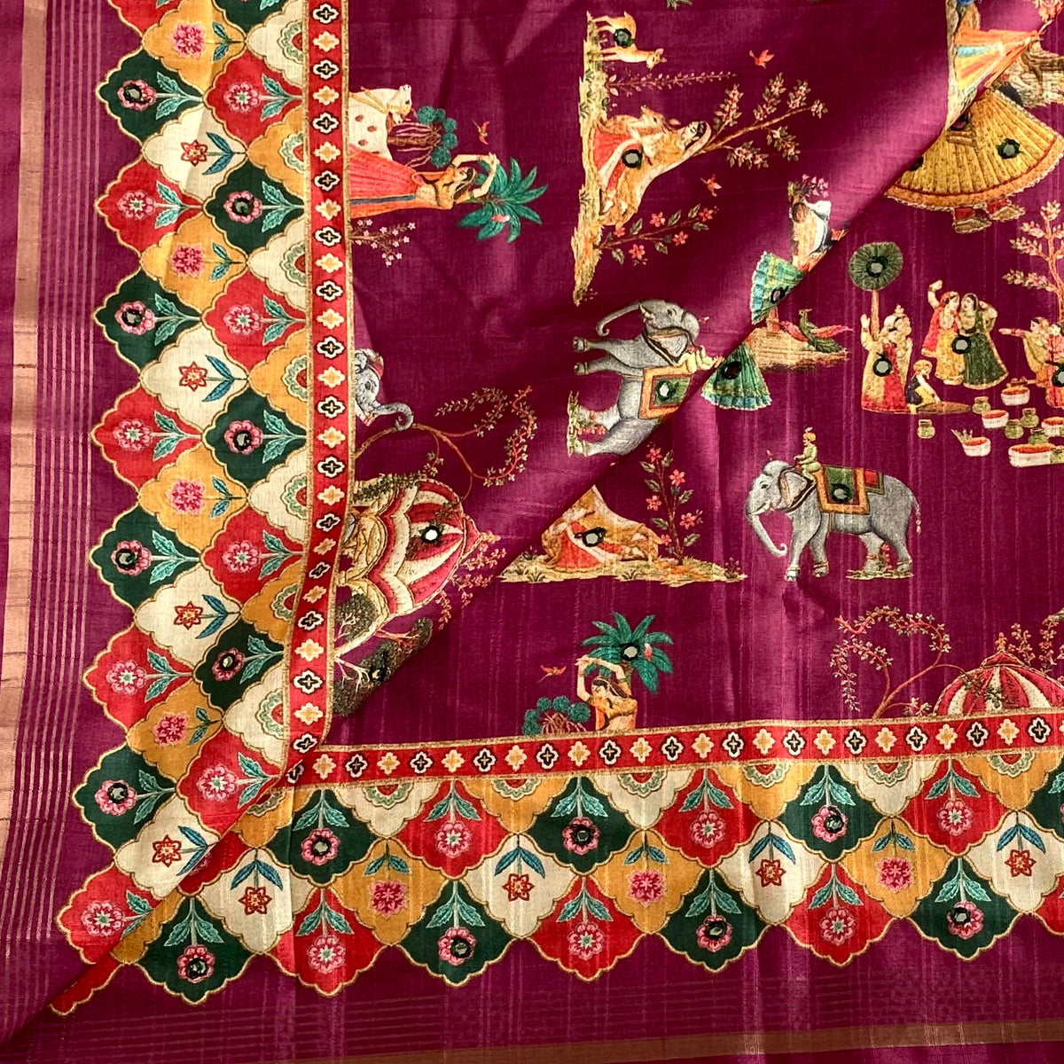 Deep Magenta Designer Soft Printed Tussar Saree Mustard Yellow & Mirror Work