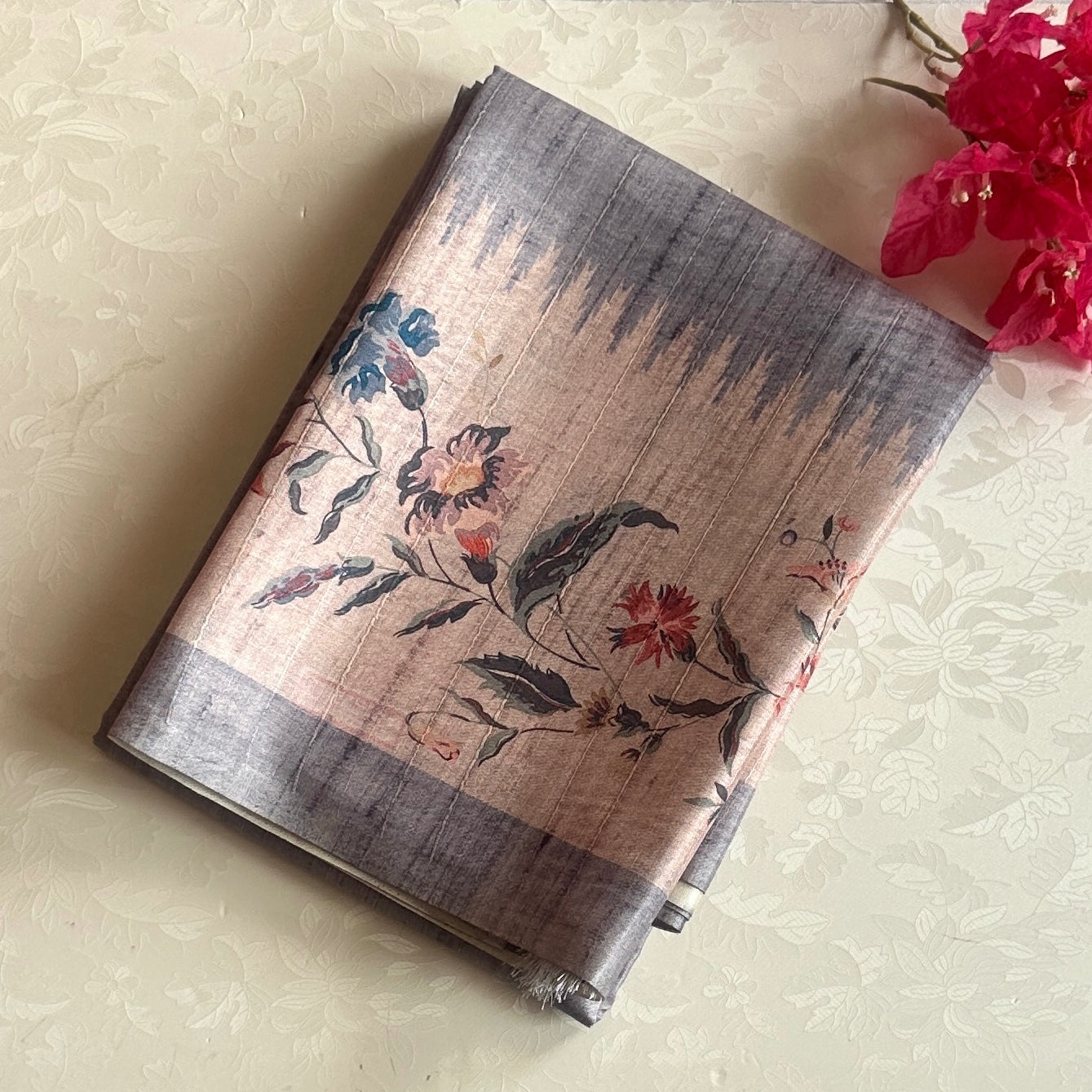 Elegant Slate Grey Floral Tassel Saree Blush Pallu Subtle Sheen