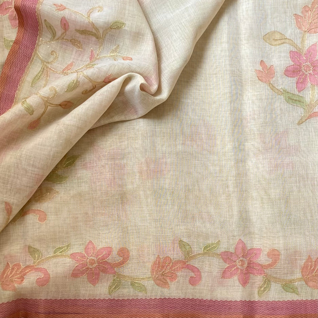 Ecru Linen Saree Dusky Pink Floral Gold Zari embroidered soft linen stunner