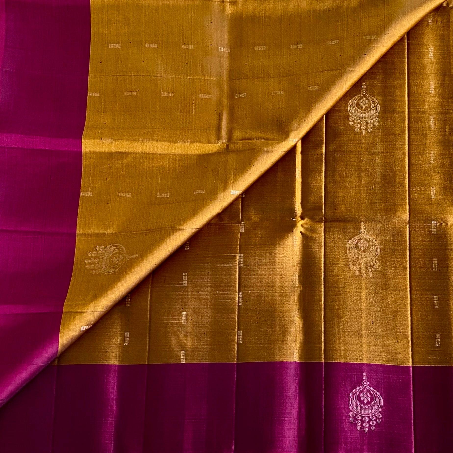 Rani Pink Designer Pure Silk Saree With Temple Gold Border