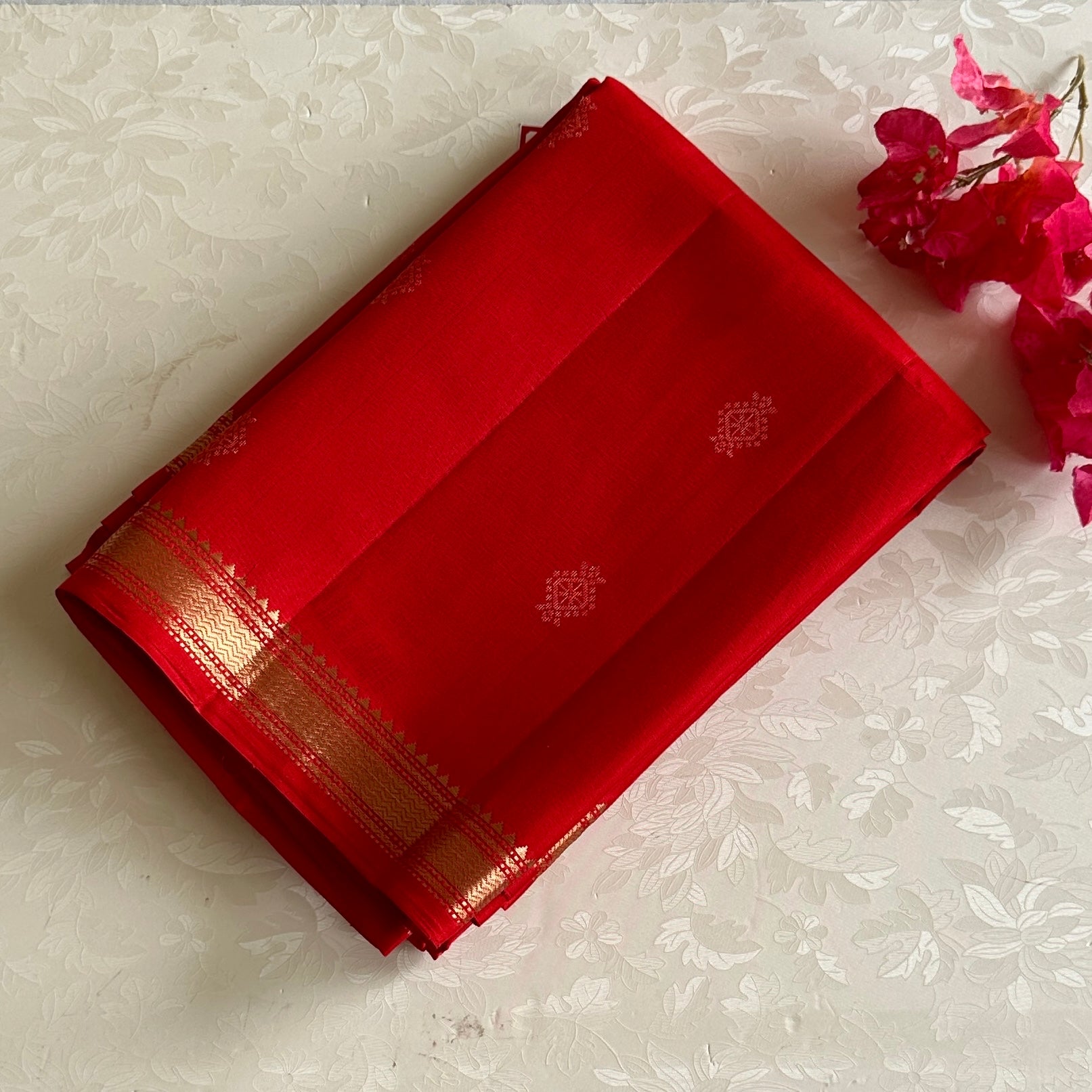 Ruby Red Designer Pure Silk Saree With Antique Gold Border