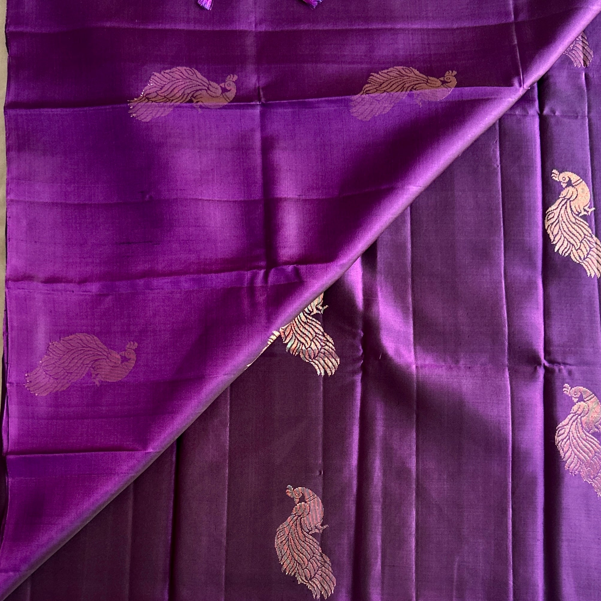 Royal Purple Silk Saree Rose Gold Peacock Brocade Festive Wear