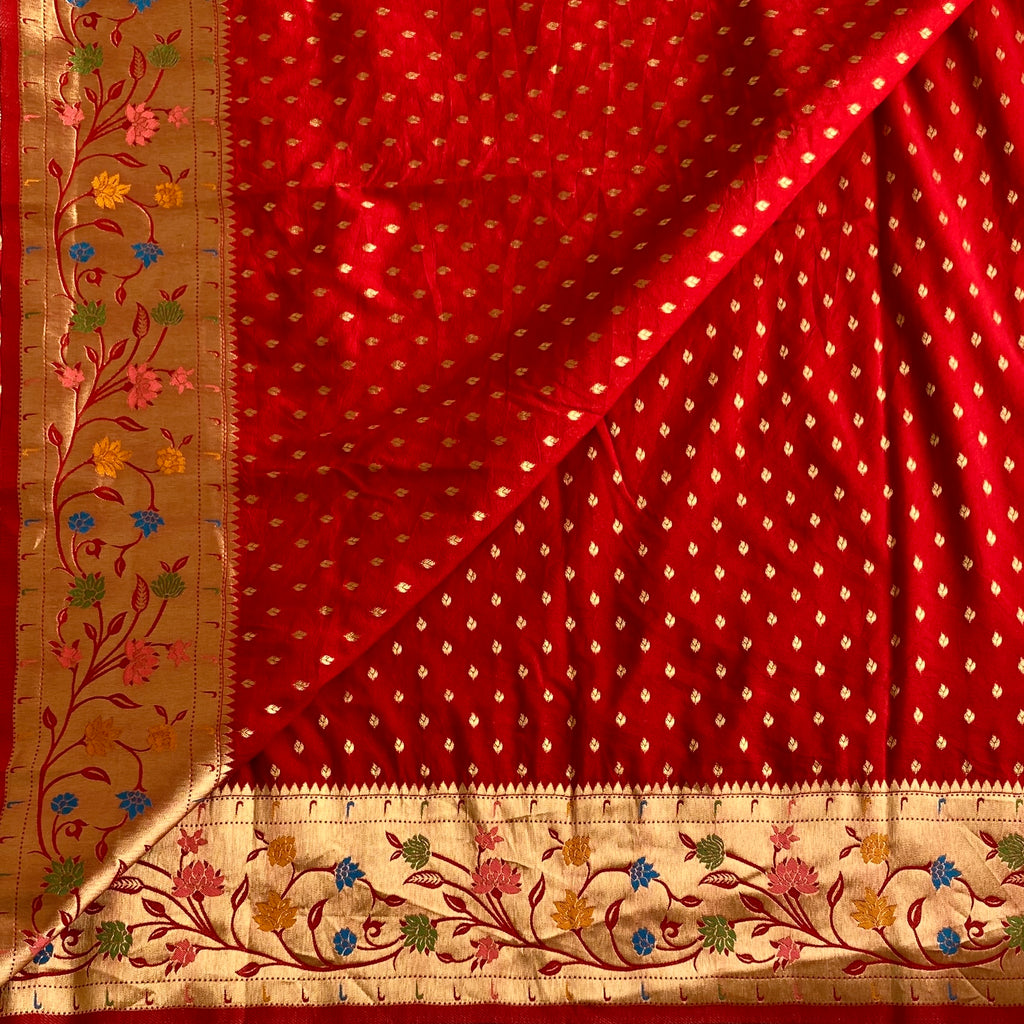 Crimson Red Soft Crepe Silk Saree With Antique Gold Pallu Border