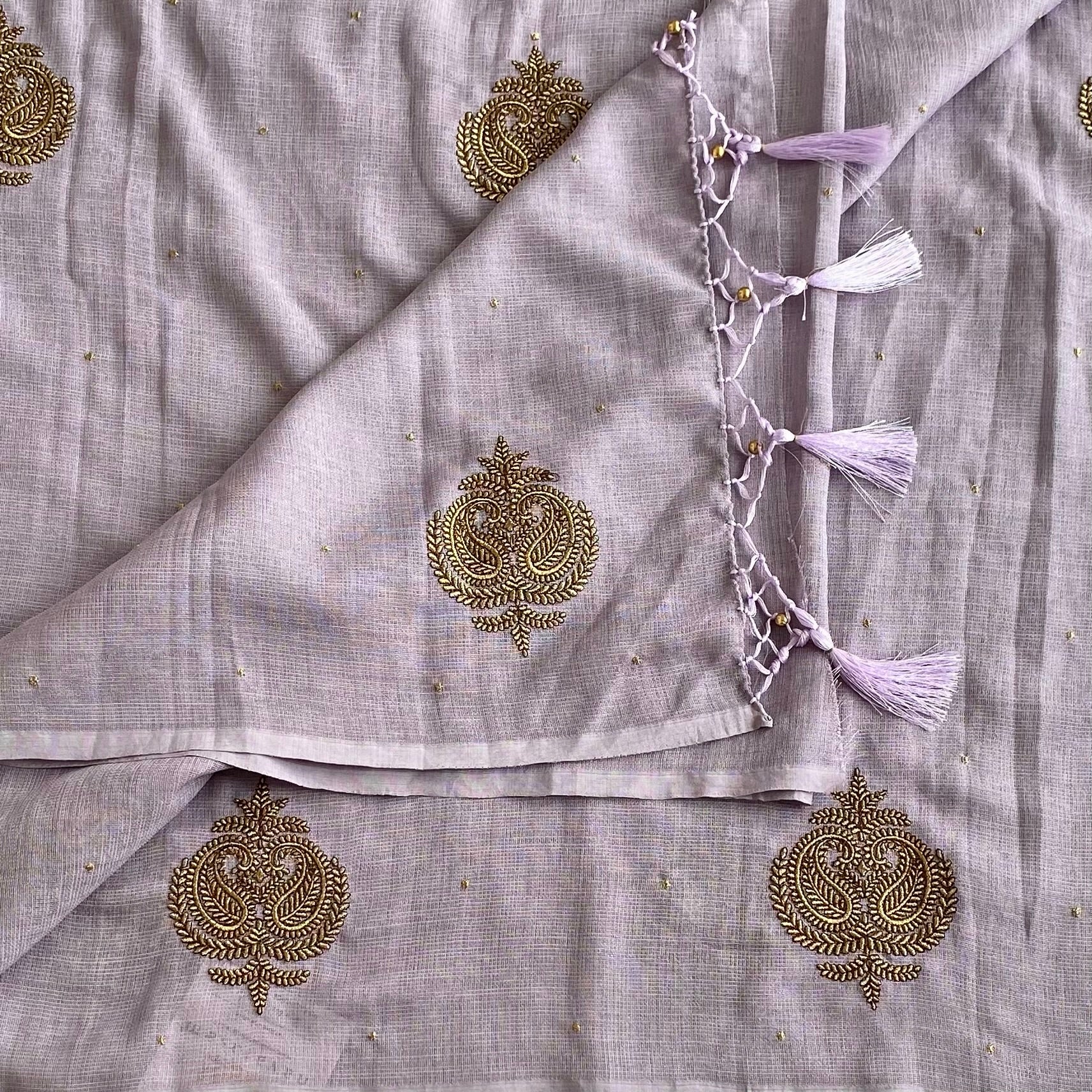 Lilac Soft Jute Tussar Saree With Jet Black Blouse And Gold Motifs