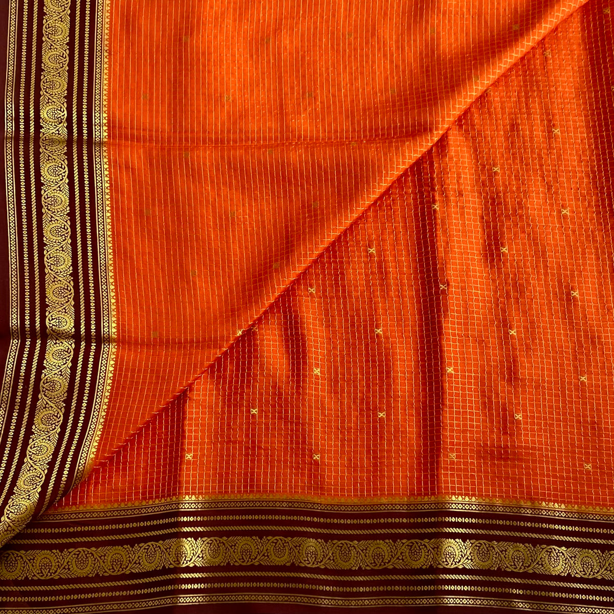 Mysore Crepe Classic Rust Orange With Deep Chocolate Pallu