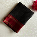Charcoal Black Designer Pure Silk Saree With Crimson Maroon Pallu