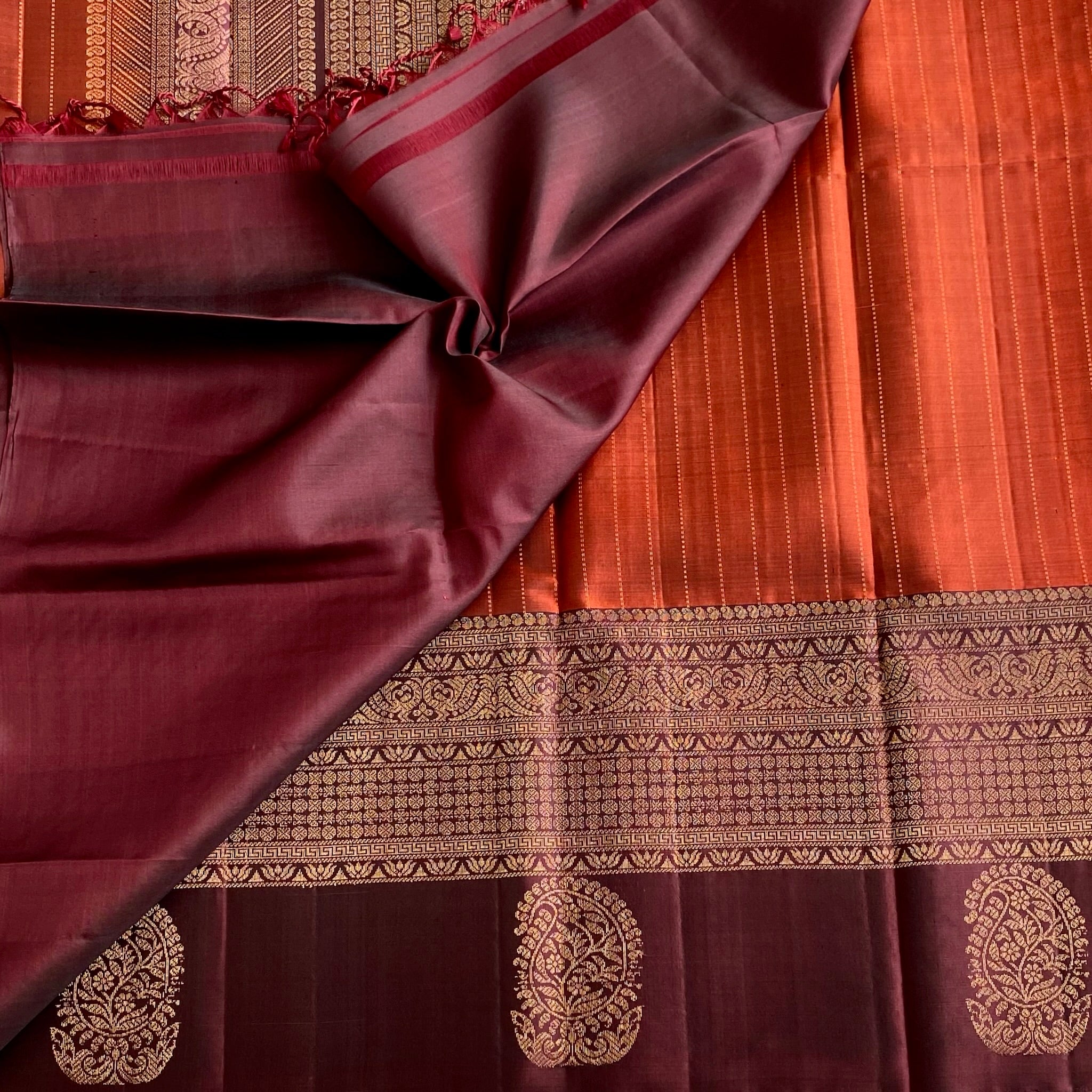 Crimson Red Designer Pure Silk Saree With Deep Plum Pallu