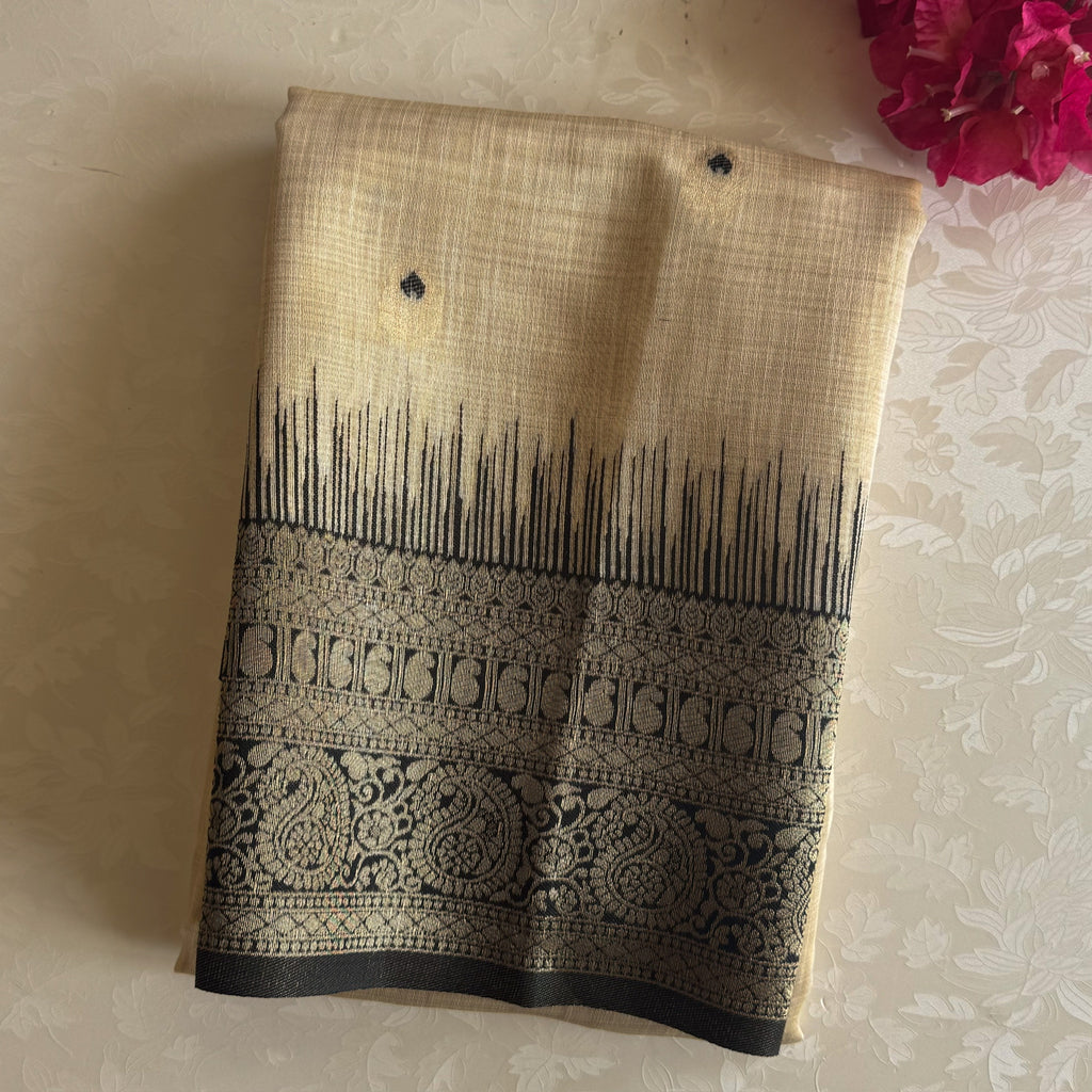 Beige Black Brocade Saree With Gold Paisley Pallu And Tassels
