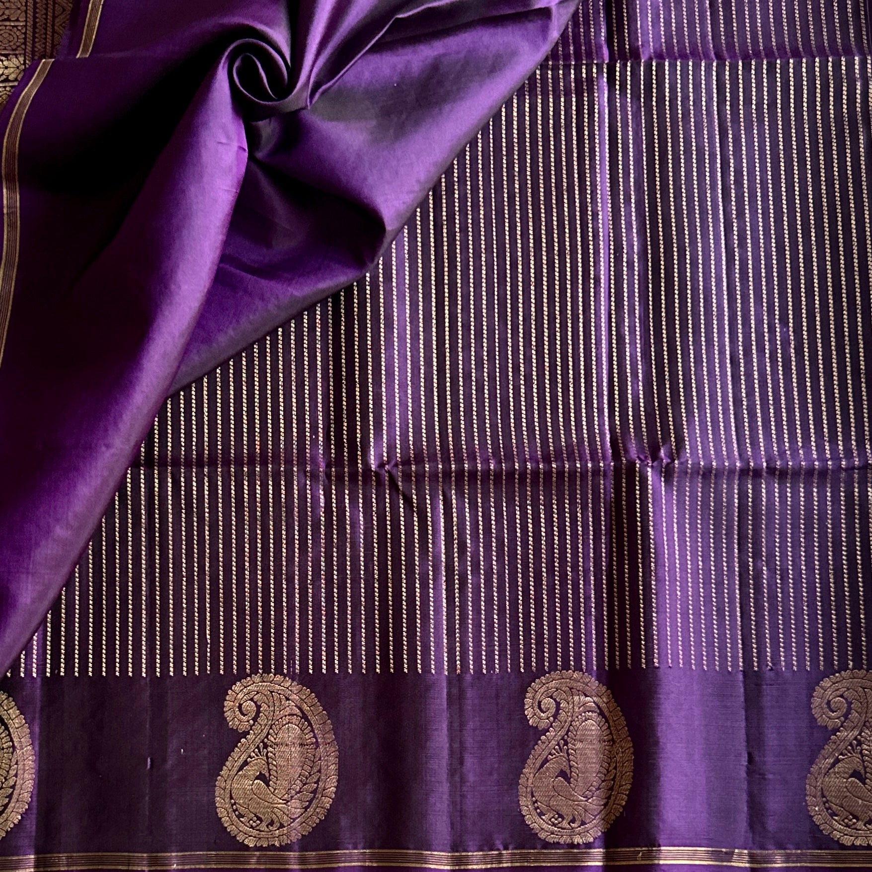 Royal Purple Silk Saree Gold Zari Diamond Pallu Paisley Border