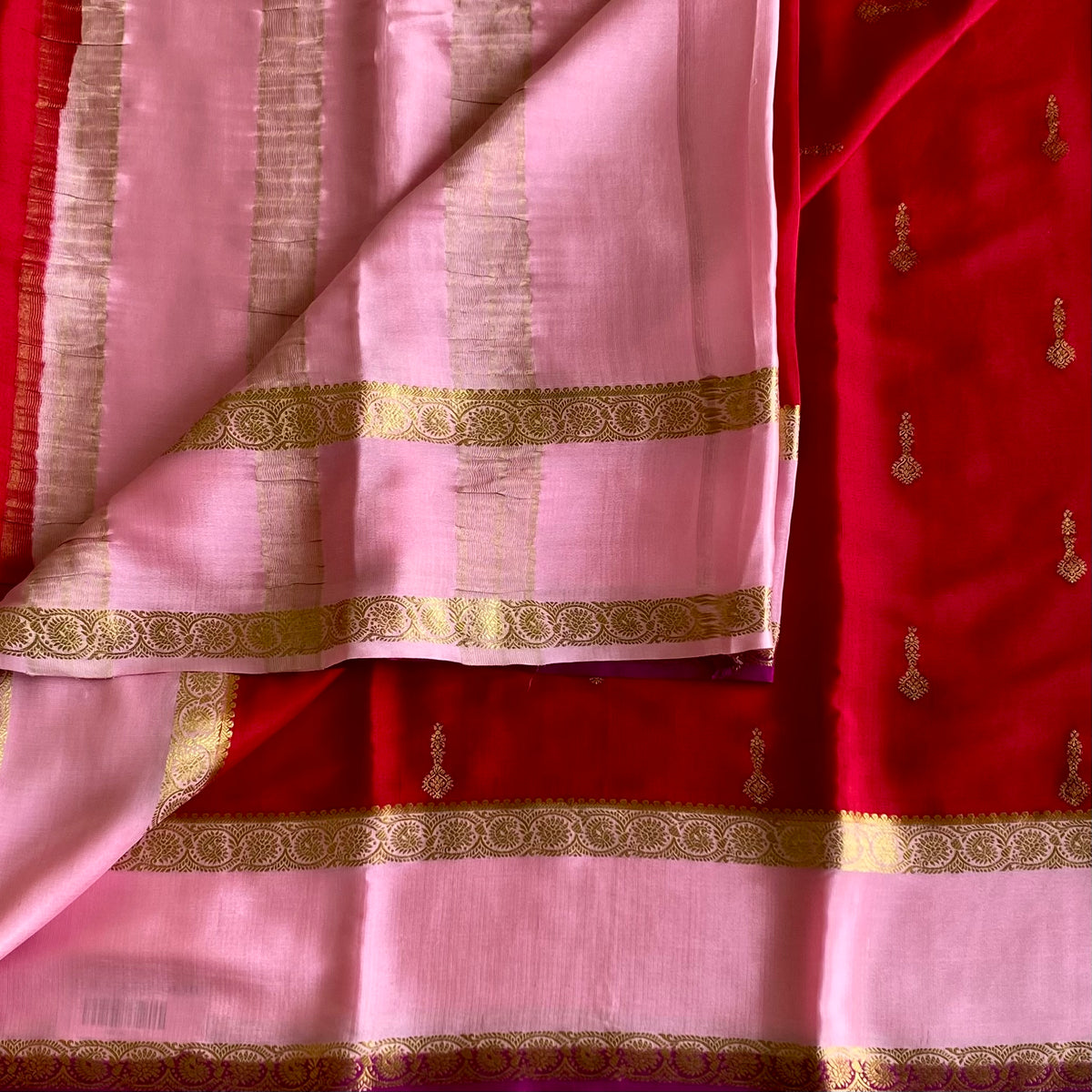 Royal Red Mysore Crepe Silk Saree With Powder Pink Pallu Gold Border