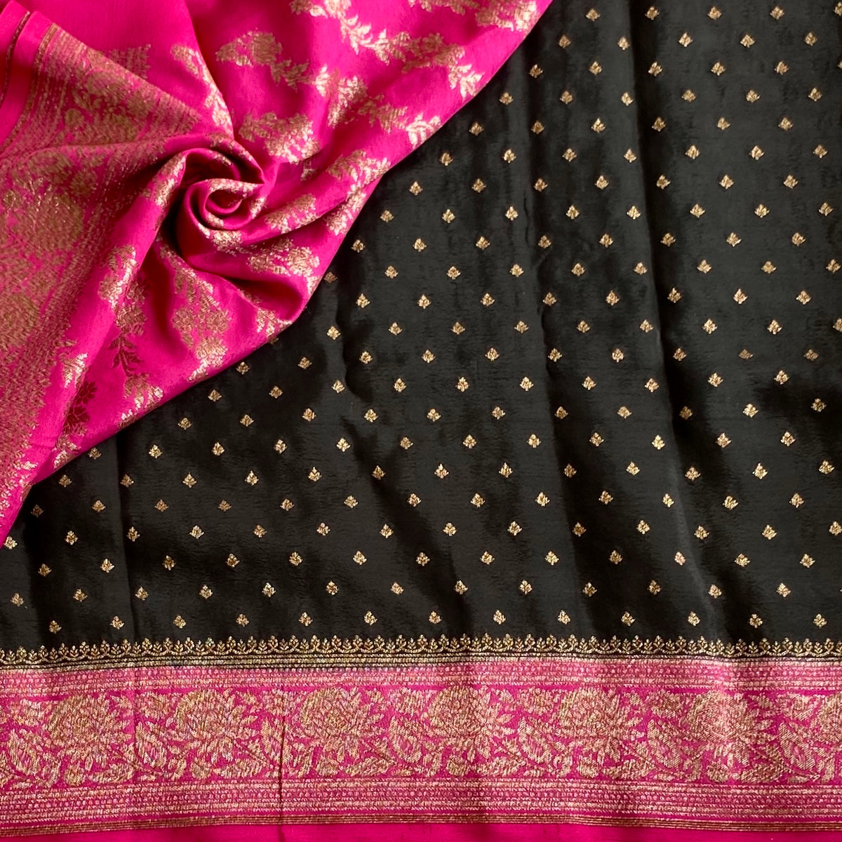Jet Black Banarasi Crepe Silk Saree With Rani Pink Border