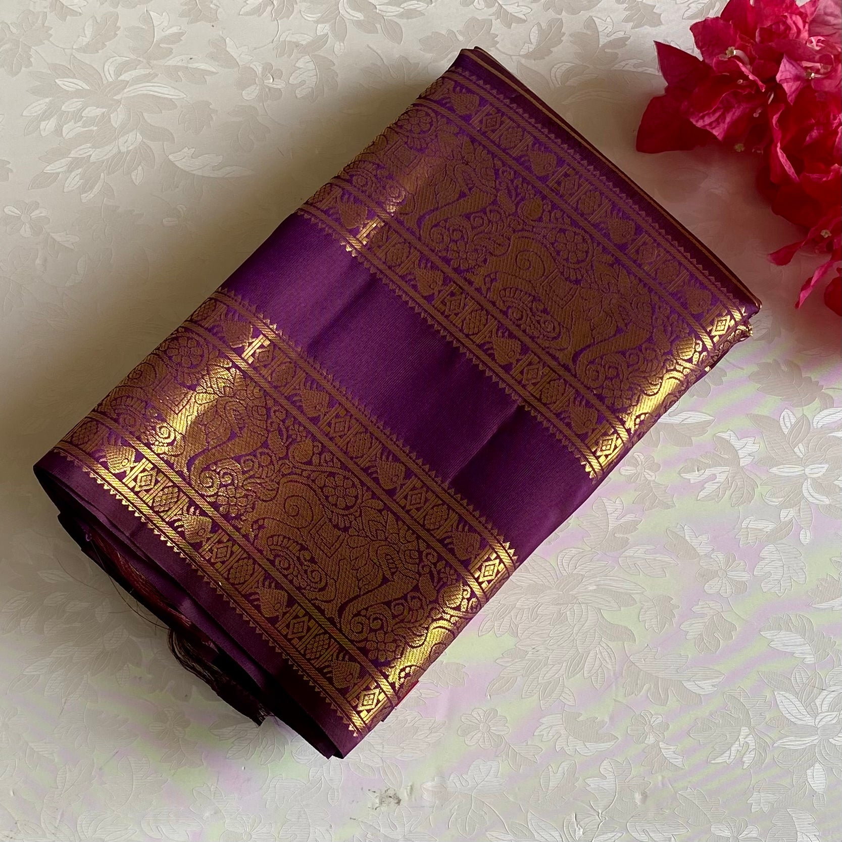 Dual Shaded Rust Pink With Elegant Purple Pure Zari Kanjeevaram Masterweave