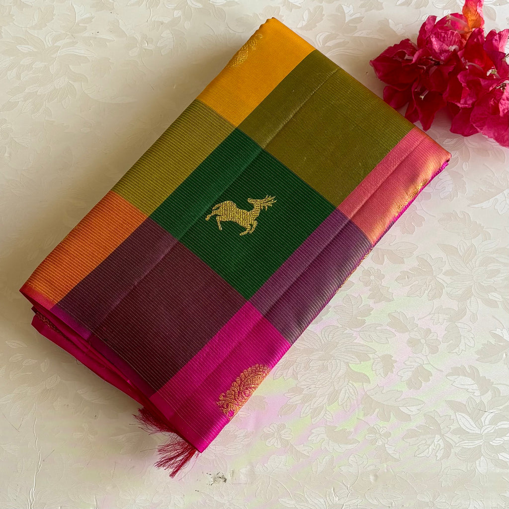 Designer Multi-Checkered Kanjeevaram Pure Zari Silk Rani Pink Intricate Pallu