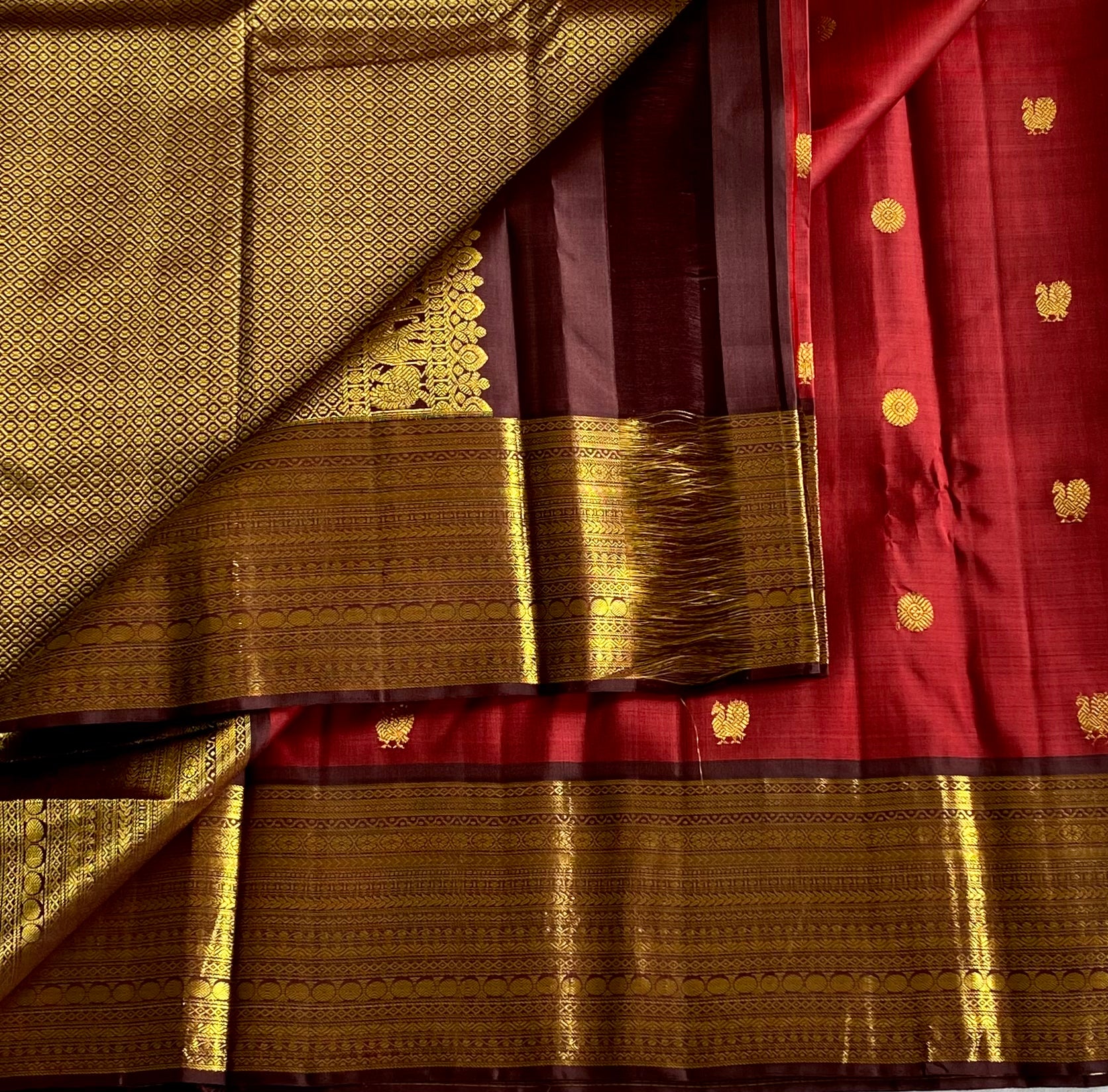 Deep maroon Silk Saree With Gold Brocade Temple Border Buttas