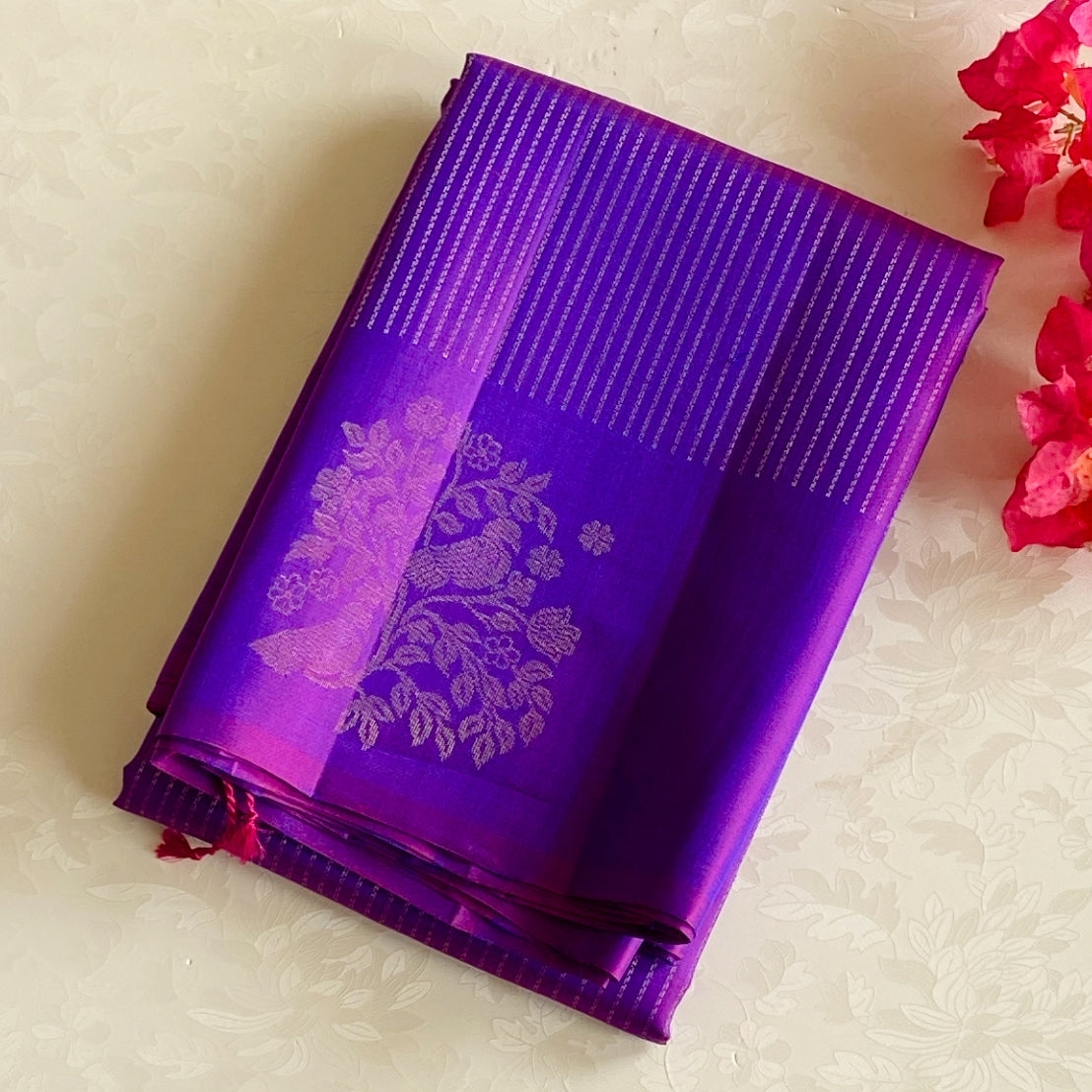Royal Purple Silk Saree Gold Jacquard Bird Floral Chevron Border