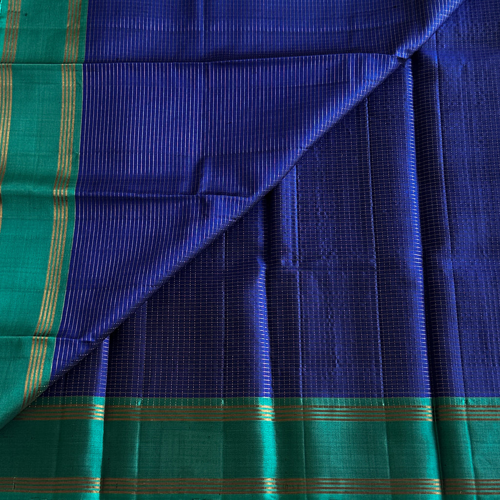 Cobalt Blue Teal Pallu Gold Zari Checked Traditional Saree