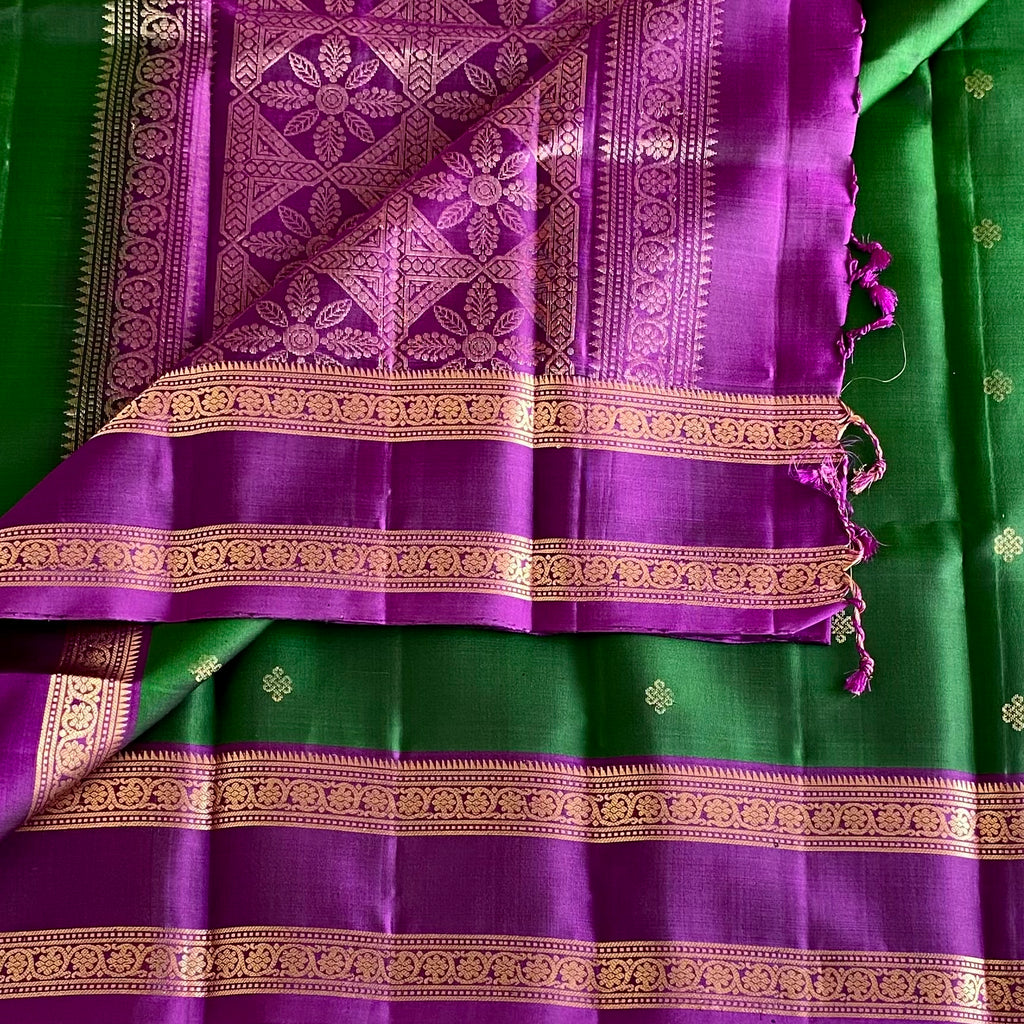 Bottle Green Kanchi Pure Silk With Royal Purple Pallu & Double Zari Borders
