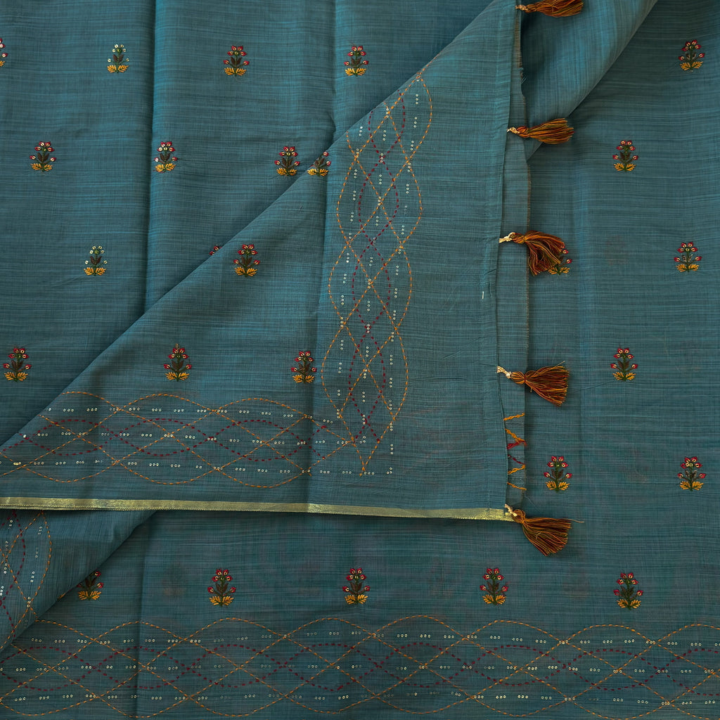 Teal Floral Embroidered Saree with Tassels and Lattice Mint Border