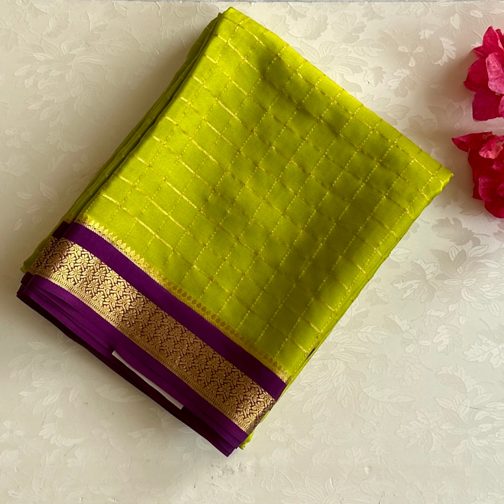 Chartreuse Green Pure Mysore Silk Saree with Purple Brocade Gold Checked Festive Saree