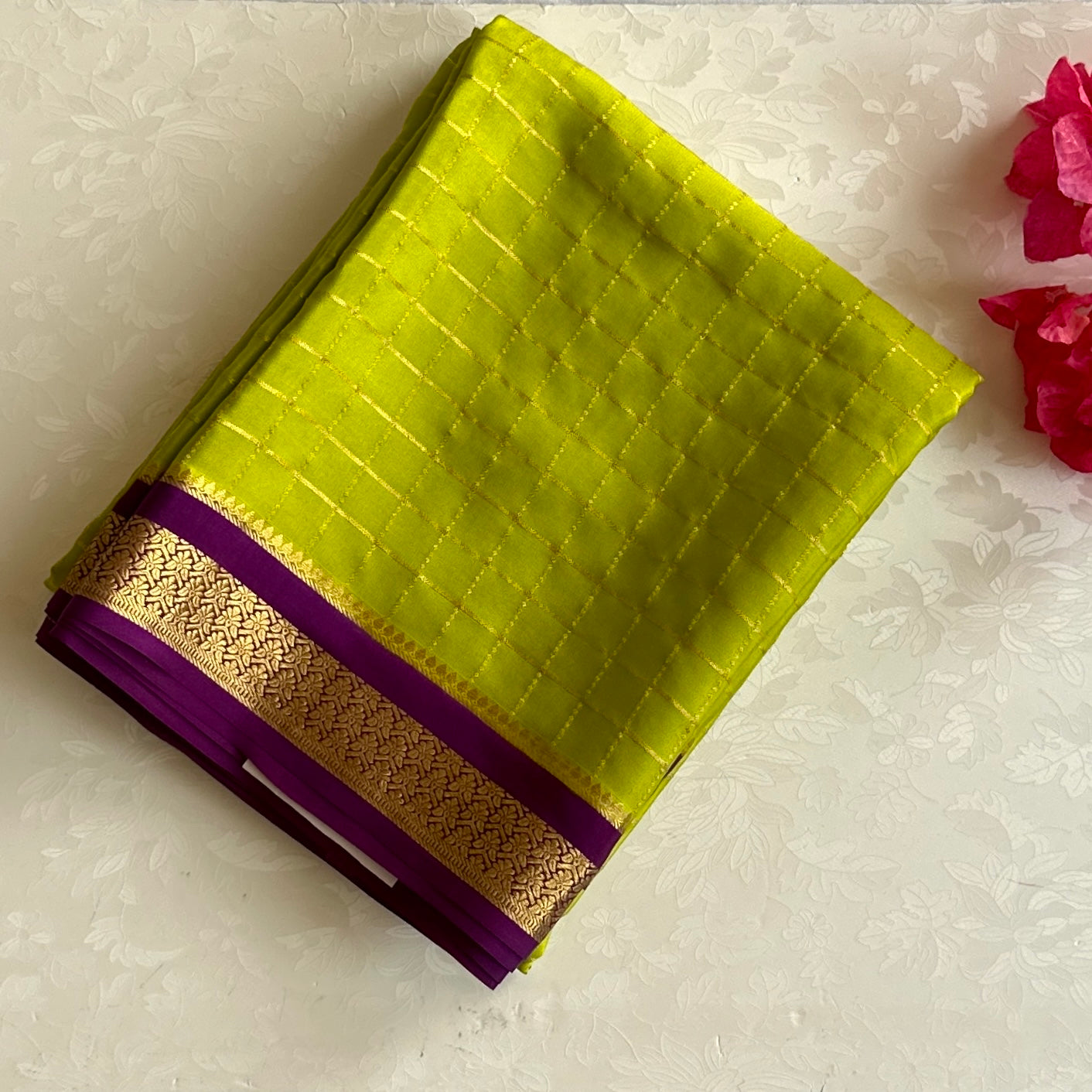 Chartreuse Green Pure Mysore Silk Saree with Purple Brocade Gold Checked Festive Saree