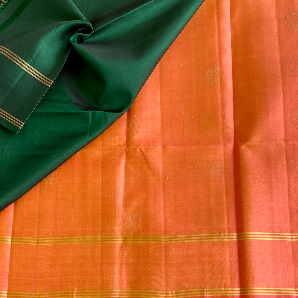 Dual Shaded Sunset Orange Designer Pure Silk Saree With Deep Green Pallu Zari