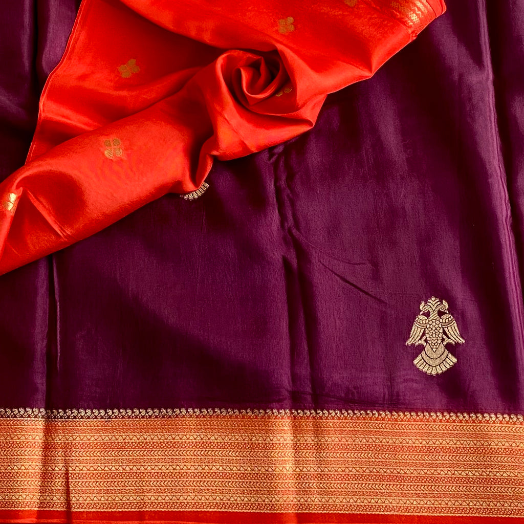 Deep Plum Soft Crepe Silk Saree With Vibrant Orange Pallu