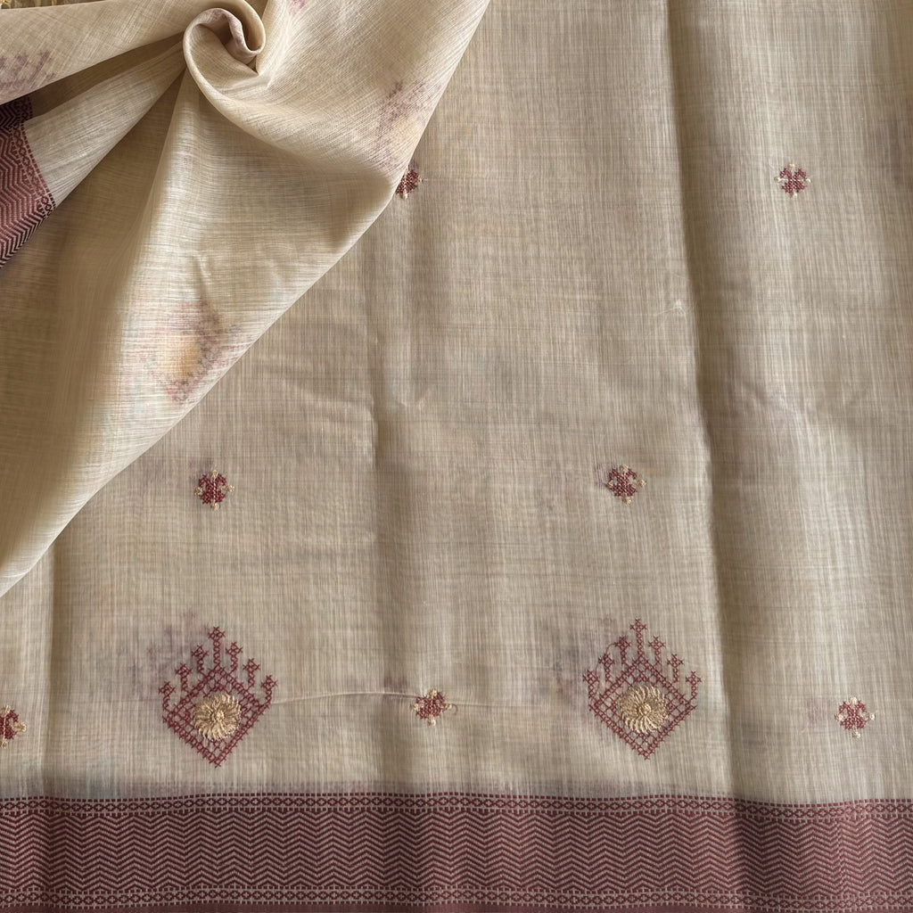 Elegant Pale Beige Saree With Maroon Motifs Gold Zari Border