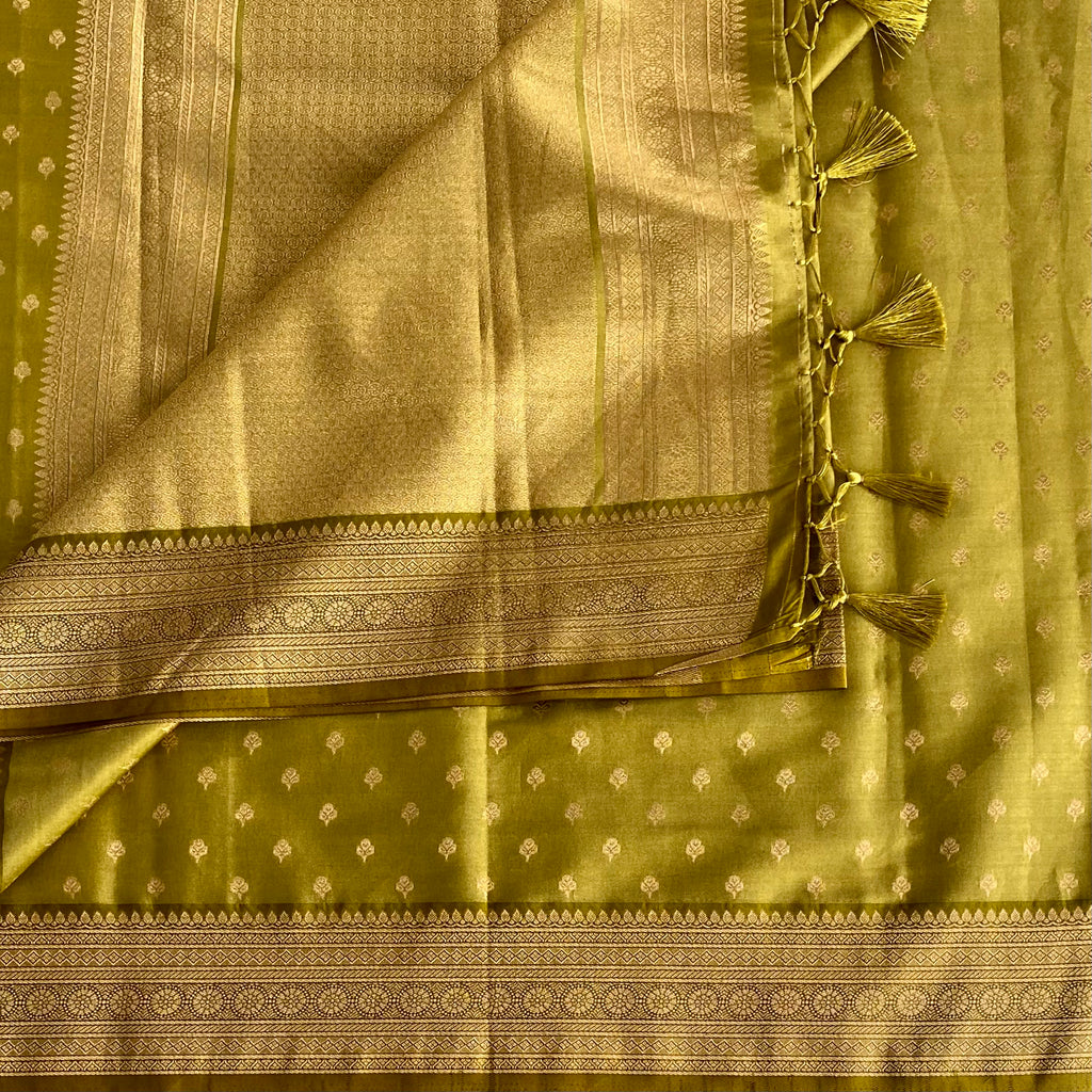 Olive Green Silk Saree Golden Zari Border Tassel Pallu