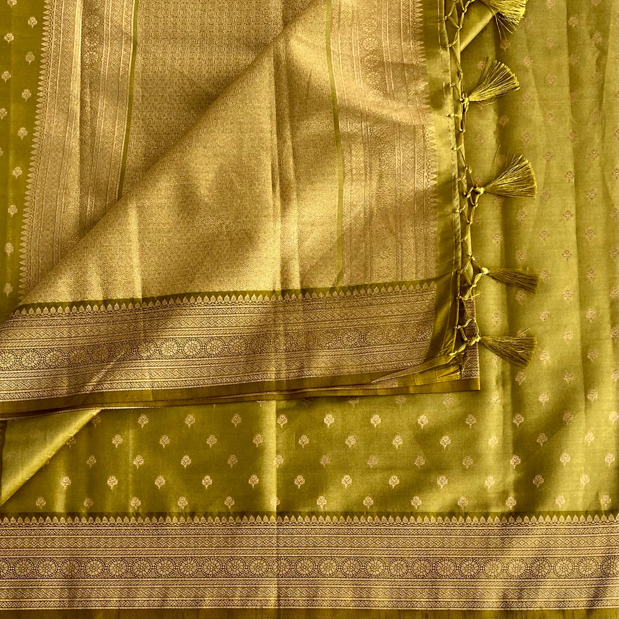 Olive Green Silk Saree Golden Zari Border Tassel Pallu