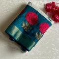Ivory Softest Tussar Silk Saree With Teal Blue Pallu And Floral Embroidery