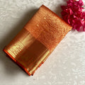 Burnt Orange Designer Brocade Pure Silk Saree With Metallic Gold Pallu