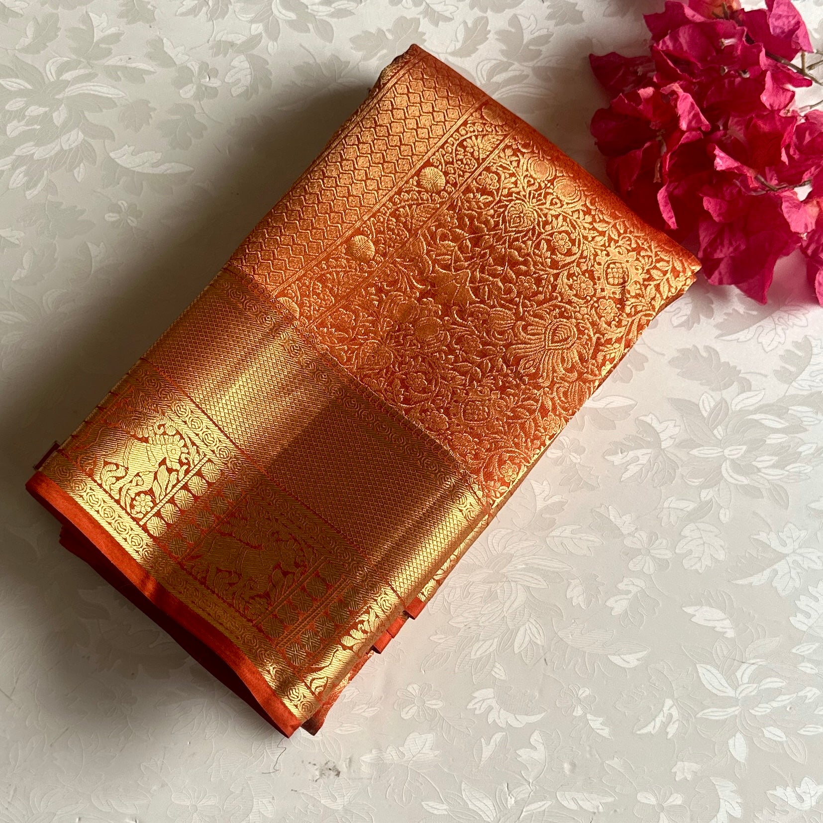 Burnt Orange Designer Brocade Pure Silk Saree With Metallic Gold Pallu