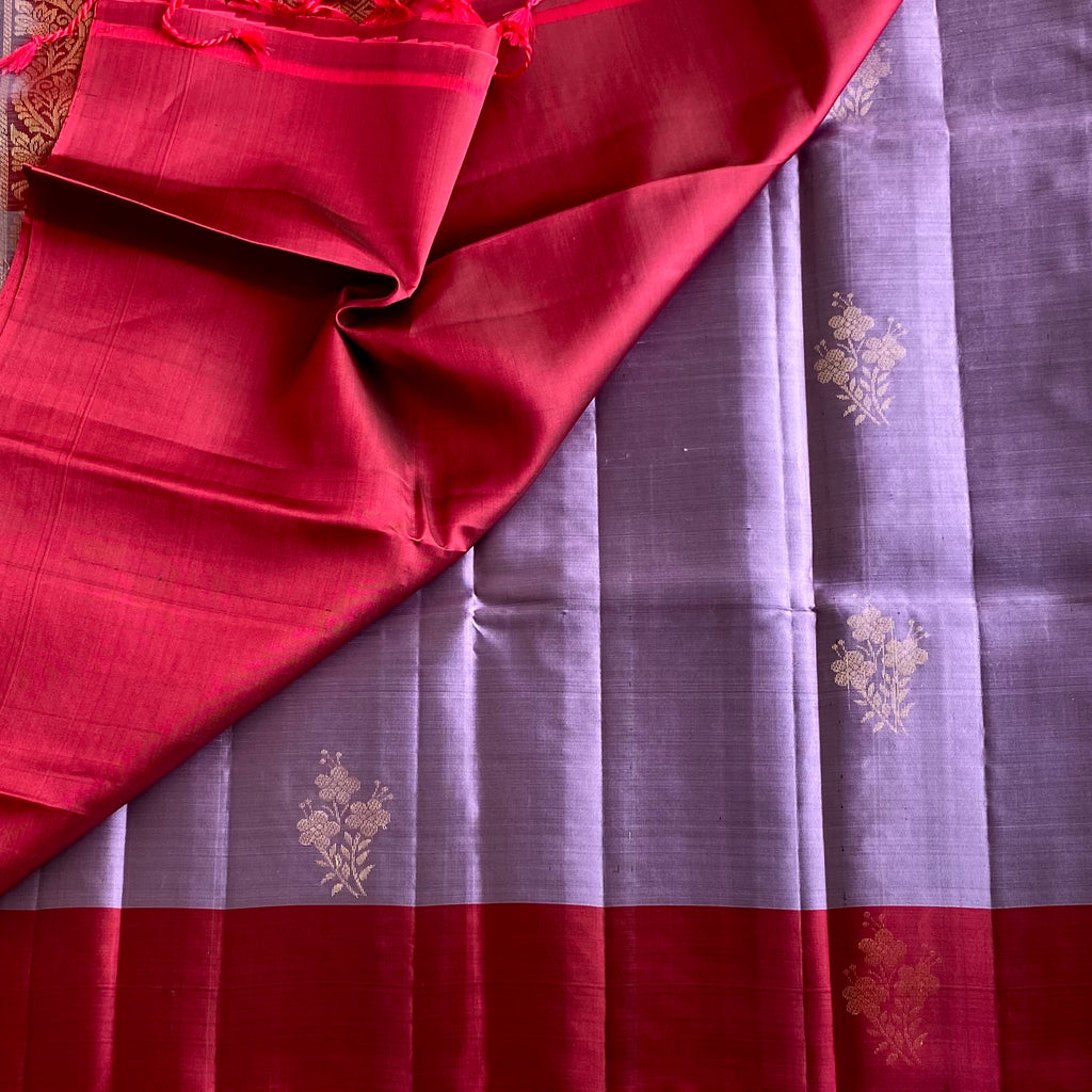 Metallic Lavender Designer Pure Silk Saree With Deep Magenta Pallu