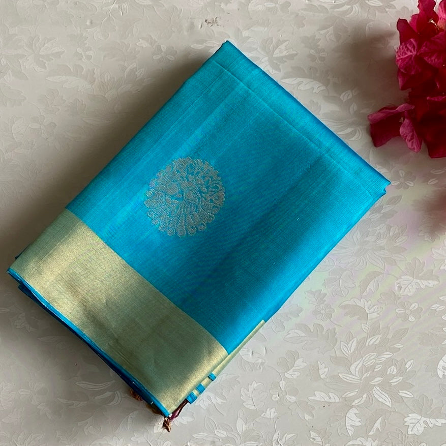 Sky Blue Designer Pure Silk Saree With Rose Pink Pallu