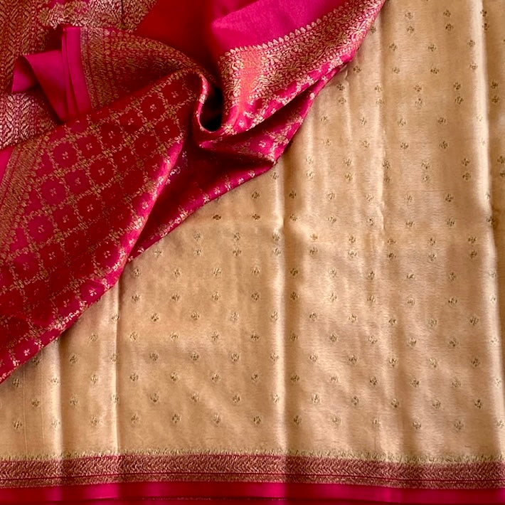 Champagne Beige Banarasi Soft Crepe Silk With Rani Pink Pallu