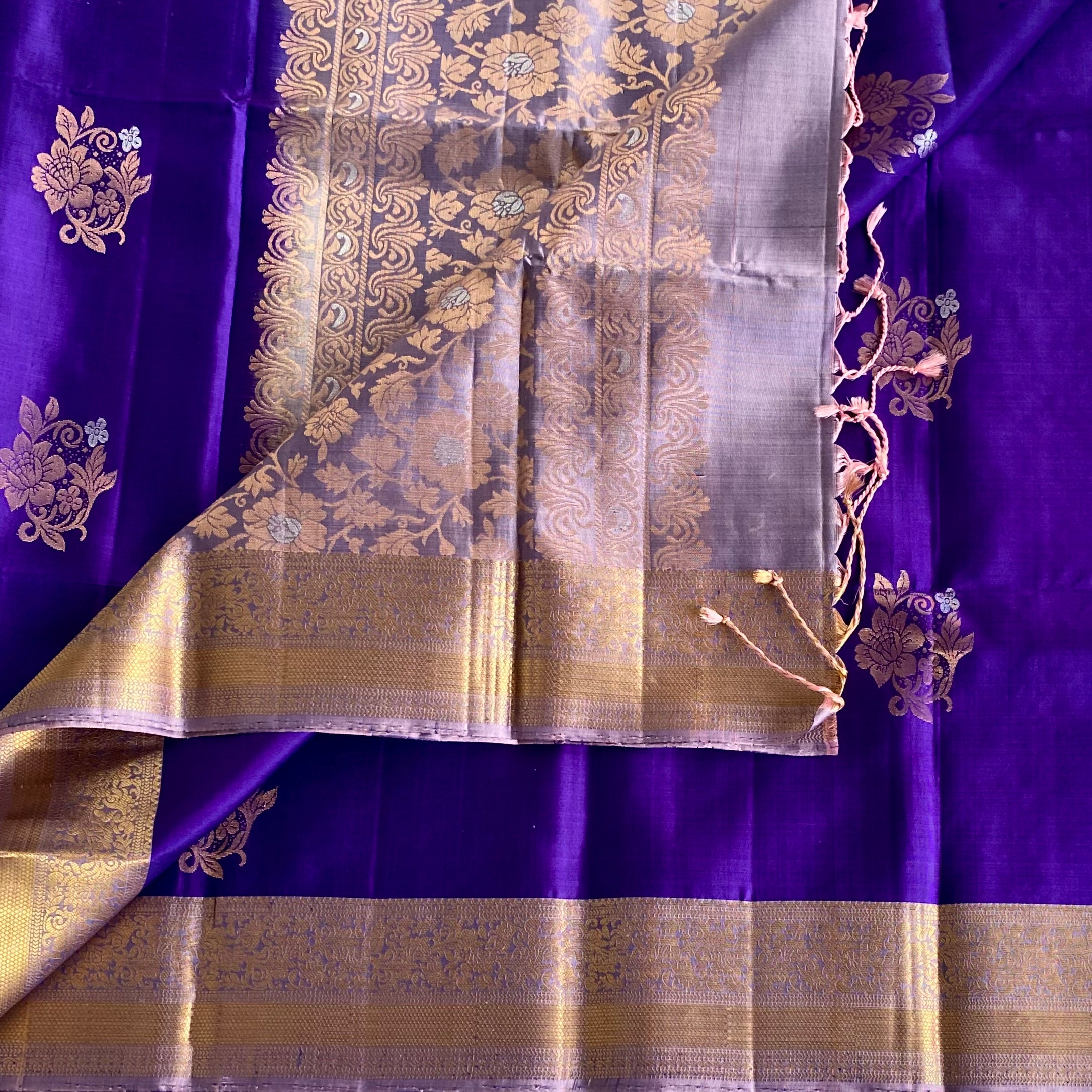 Royal Purple Designer Pure Silk Saree With Rose Gold Brocade Pallu