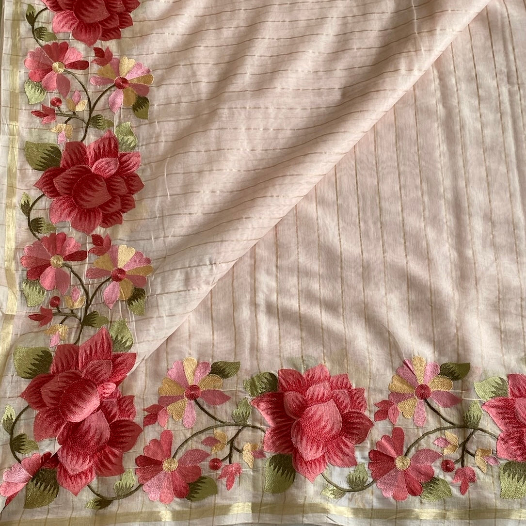 Blush Pink Soft Tussar Silk Saree With Coral Pink Embroidery