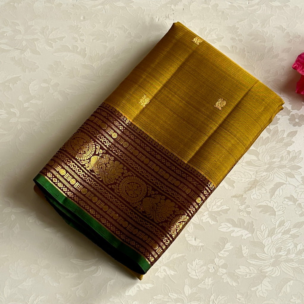 Mustard Yellow Silk Saree Burgundy Pallu Gold Brocade Green Border