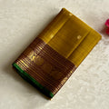 Mustard Yellow Silk Saree Burgundy Pallu Gold Brocade Green Border