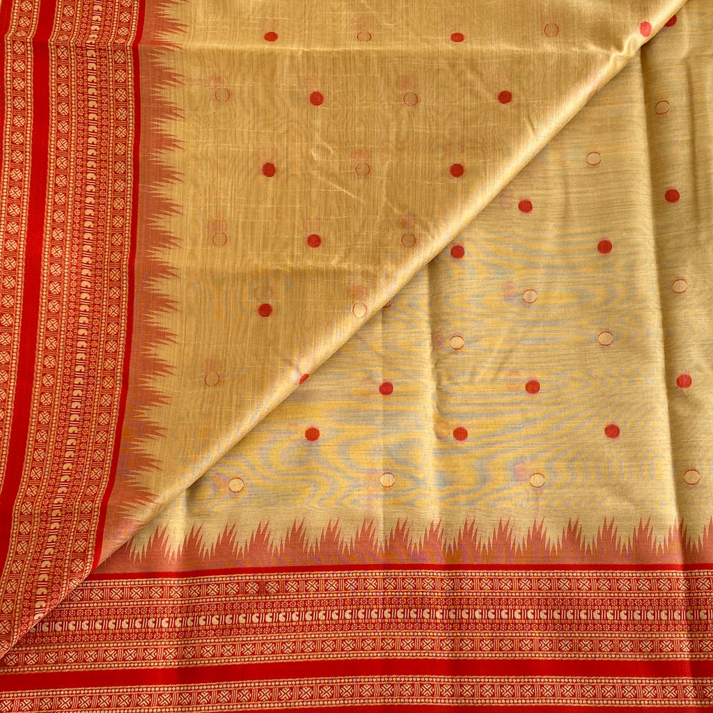 Golden Beige & Crimson Red Soft Jute Tussar Saree With Designer Pallu