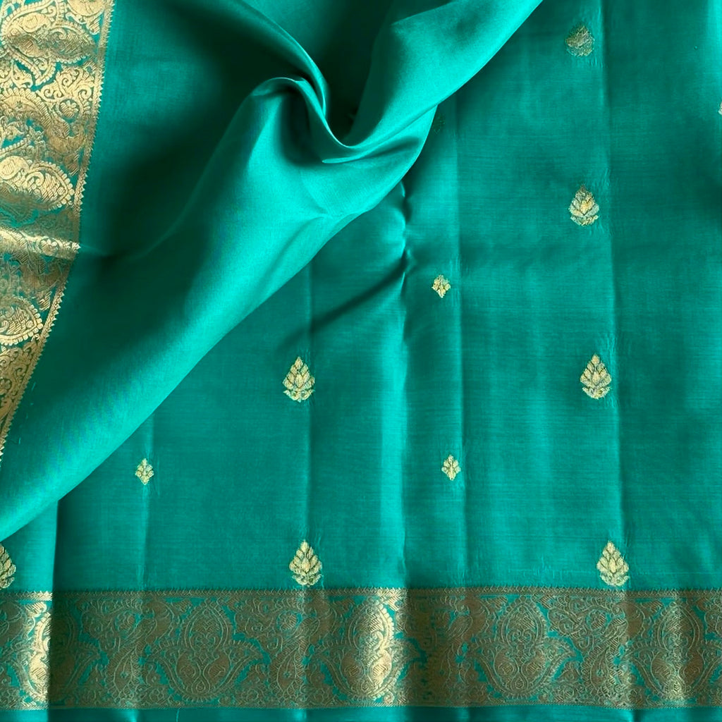Metallic Sea Green Designer Pure Silk Saree With Gold Brocade Butta